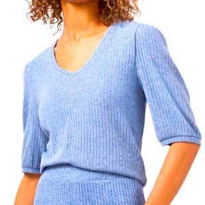 1.State Blue Denim Heather Puff Sleeve Rib Knit Top